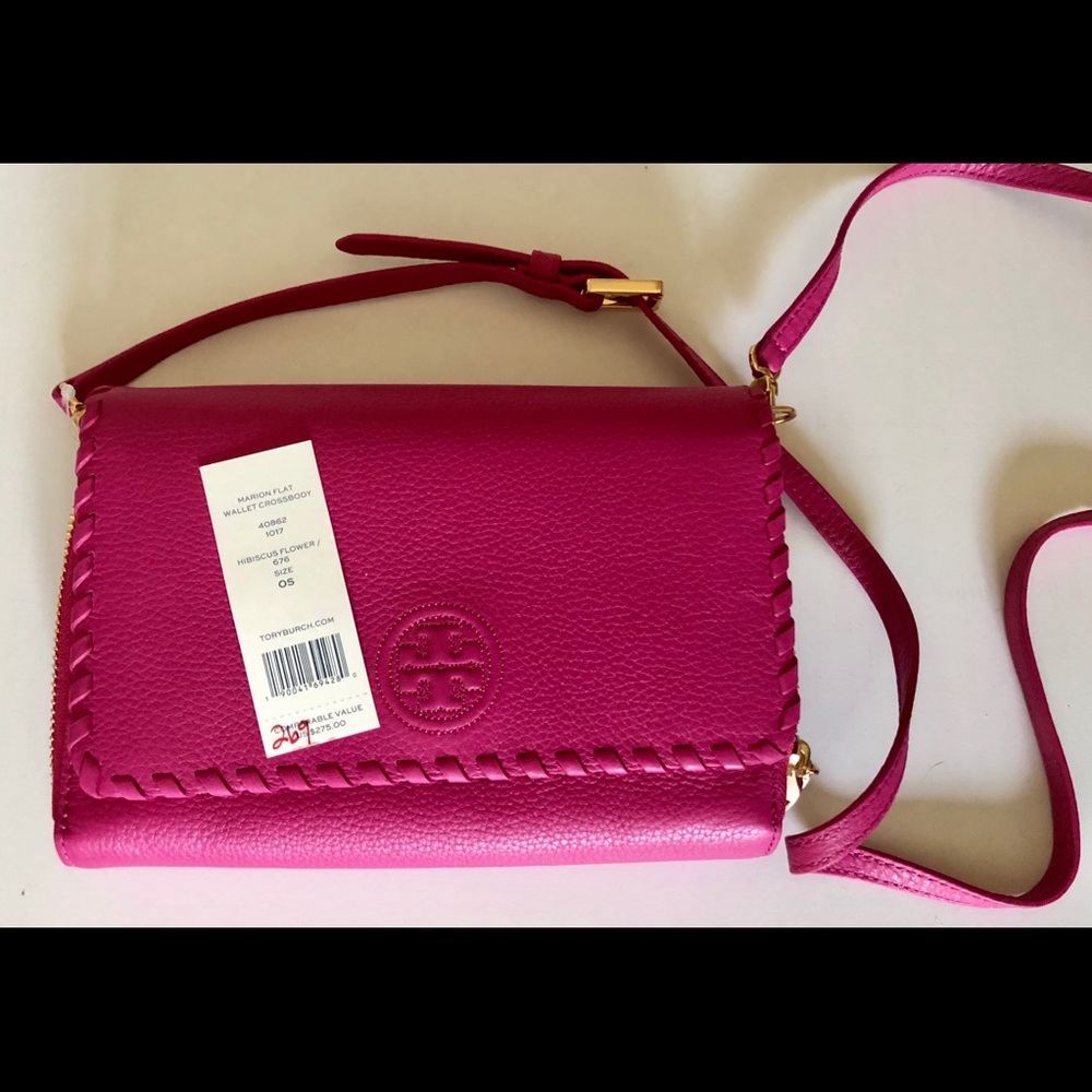 Hot Pink Tory Burch Marion Flat Wallet Crossbody